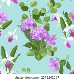 Hydrangea, delicate orchids and eucalyptus on a turquoise background. Seamless vector illustration. For decoration textile, packaging, wallpaper.