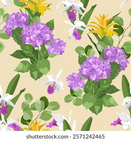 Hydrangea, delicate orchids and eucalyptus on a beige background. Seamless vector illustration. For decoration textile, packaging, wallpaper.