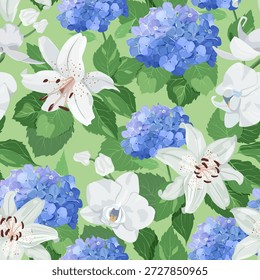 Hortensias, delicadas orquídeas y lirios sobre un fondo verde. Ilustración vectorial inconsútil para el uso en la decoración, el empaquetado, y el Fondo de pantalla textiles.