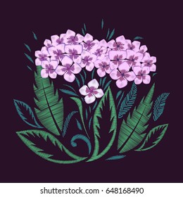 Hydrangea embroidered. Flowers Embroidery on black background. Simple Floral Pattern. Ornamental Fashion print. Traditional Folk Decoration for Fabric. Vector illustration