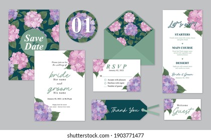 Hydrangea flower background template on dark green background. Vector set of floral element for wedding invitations, greeting card, envelope, voucher, brochures and banners design.