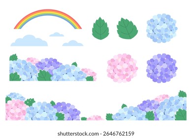 Hydrangea flower bed for border decoration. Collection of single hydrangea flowers and rainbow, leaves and clouds illustrations.