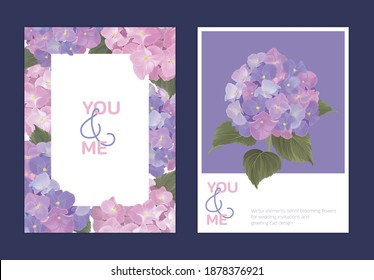 Flor de hidrangea y hojas plantilla de fondo. Conjunto vectorial de elementos florales para invitaciones de boda, tarjeta de saludo, vale, folletos y banners de diseño.