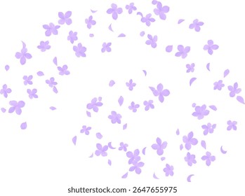 Hydrangea flower and petals flying with curve swirl line vector illustration on transparent background. season