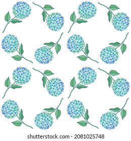 Hydrangea flower seamless pattern. Blue green petals, stem and leaves on white. Vector texture for print, fabric, textile, wallpaper.