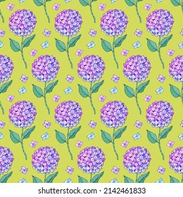 Hydrangea flower seamless pattern. Purple violet petals, stem and leaves. Vector illustration. Texture for print, fabric, textile, wallpaper.