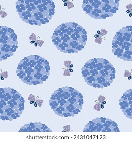 Hydrangea Blumen mit Schmetterling Hand gezeichnet nahtlose Muster Vektor-Illustration für Dekoration Einladung Gruß Geburtstag Party Feier Hochzeit Karte Poster Textiltapete Hintergrund