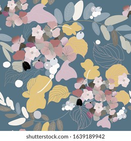 Hydrangea flowers, decorative berries and leaves. Seamless pattern. Garden plants vector illustration. EPS10