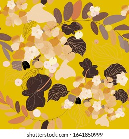 Hydrangea flowers, decorative berries and leaves. Seamless pattern. Garden plants vector illustration. EPS10