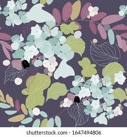 Hydrangea flowers, decorative berries and leaves. Seamless pattern. Garden plants vector illustration. EPS10