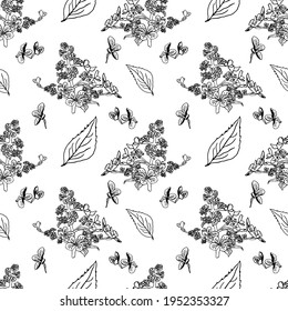 Hydrangea flowers on a white background seamless pattern. Line drawing. Vector illustration. Fabric pattern, floral background.