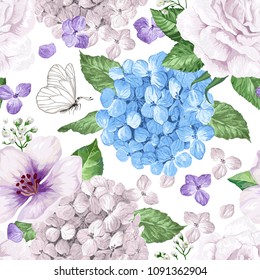Hydrangea flowers, petals and leaves in watercolor style on white background. Seamless pattern for textile, wrapping paper, package, Art vector illustration.