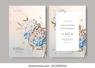 Plantilla de tarjeta de invitación de boda de acuarela de flores de hortensia	