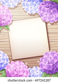 Hydrangea frame with text space and brown wood floor.