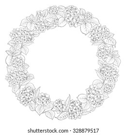 Hydrangea garland over white background with custom text. White card background. Vector illustration