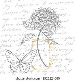 Hydrangea graphic illustration in vintage style. Flowers drawing and sketch with line-art on white backgrounds. Botanical plant illustration. Handwritten abstract text