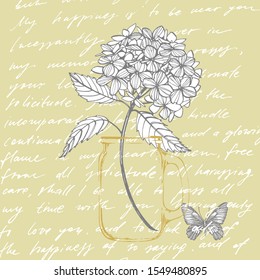 Hydrangea graphic illustration in vintage style. Flowers drawing and sketch with line-art on white backgrounds. Botanical plant illustration. Handwritten abstract text