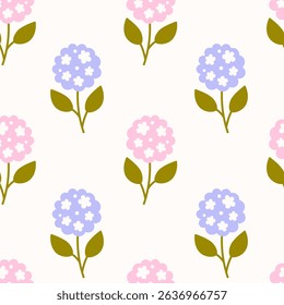 Hydrangea Hand drawn Seamless Pattern. Pastel Colored Hortensia Floral Background with Leaves and cute blossoms. Minimalist Design. Repeat vector illustration