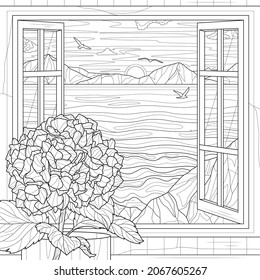 Hydrangea near the window. Sea and mountains.Landscape.Coloring book antistress for children and adults. Illustration isolated on white background.Zen-tangle style. Hand draw
