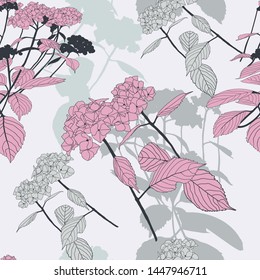 Hydrangea plant flowers and leaves on stems in white, grey  and pink colour on white background. Seamless vector pattern.
