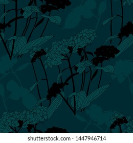 Hydrangea plant flowers and leaves on stems in deep green and black colour. Seamless vector pattern.
