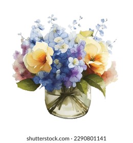 Hydrangea purple blue flower vase, floral, interior decor. Watercolor sketch illustration. Isolated vector.