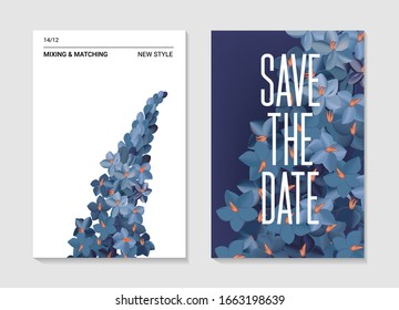 Hydrangea purple digital vector floral card. Nature realistic 3d print, modern flower invitation, nlue flowers watercolor save the date template. Garden frame template