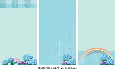 Hydrangea and rain background illustration set, rainy season theme with rainbow and ripples, vertical layout.