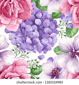 Hidrangea, rosa, flores de manzano en color agua sobre fondo blanco. Diseño transparente para textil, papel envolvente, paquete, ilustración vectorial de arte.