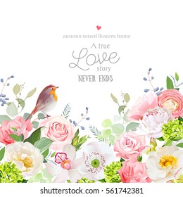 Hydrangea, rose, peony, poppy, orchid, carnation and robin bird vector design card. Botanical style frame with mixed flowers on white Elegant floral background. All elements are isolated and editable