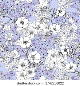 Hydrangea, roses and other flowers. Seamless flower vector pattern.