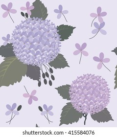 Hydrangea. A seamless pattern of light violet flowers of lush hydrangea and green gray leaves on a light violet background.