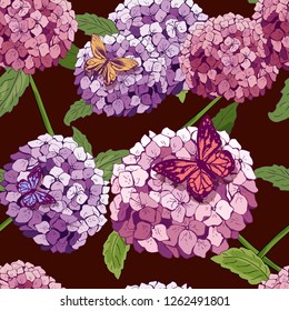 hydrangea Seamless pattern. Vector hand drawn texture with flowers, butterfly. Botany repeating wallpaper. pink. template cover fabric, books. abstract background wallpaper.