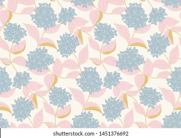 hydrangea splash spring seamless vector pattern. blue hydrangeas with pink leaves forming a beautiful pattern on off white background
