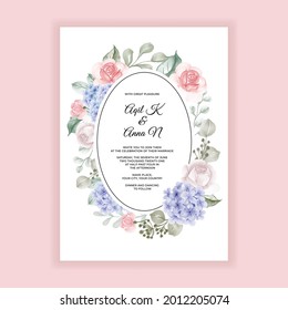 hydrangea wedding invitation template, wedding card with flower watercolor frame