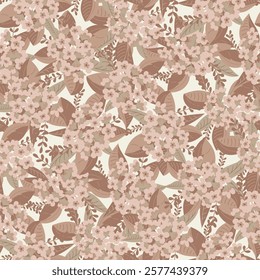 Hydrangeas in Mocha Mousse Coffee Colors Scattered on an Ivory Vanilla background creating a seamless pattern print background