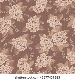 Hydrangeas in Mocha Mousse Cream Colors Scattered on Dark Coffee background creating a seamless pattern print background