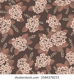 Hydrangeas in Vanilla Mocha Mousse Cream Colors Scattered on a Dark Coffee background creating a seamless pattern print background