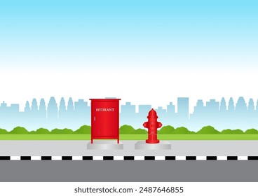 Hydrant Box and Fire Hydrant on the Road Side. Vector Illustration. 