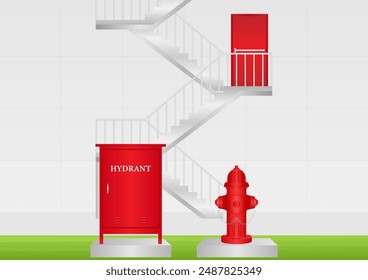 Hydrant Box and Fire Hydrant Outside the Office Building. Vector Illustration. 