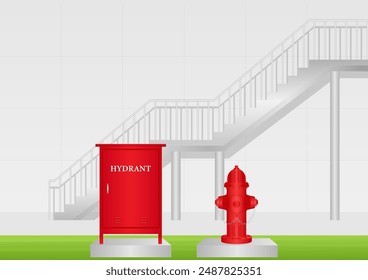 Hydrant Box and Fire Hydrant Outside the Office Building. Vector Illustration. 
