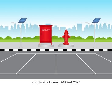 Hydrant Box and Fire Hydrant in Parking Lot. Vector Illustration. 