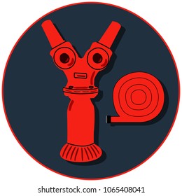 Hydrant and fire hose icon. Pipe for water supply and fire extinguishing. Funny character in red color. Blue round background. Lives in Israel