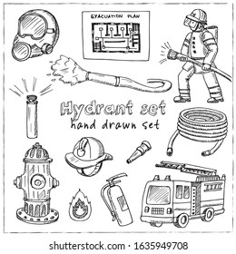 Hydrant hand drawn doodle set. Vector illustration. Isolated elements on white background. Symbol collection.