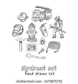 Hydrant hand drawn doodle set. Vector illustration. Isolated elements on white background. Symbol collection.