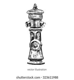 Hydrant isolated on white background, hand drawn vector graphic illustration, engraving ink sketch, vintage style for design packaging, touristic postcard, poster, calendar template, label