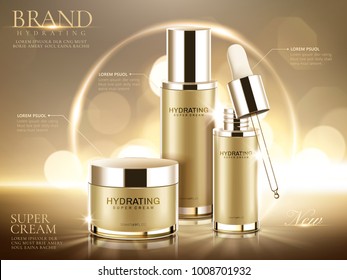 Hydrating Cosmetic Product Ads, Champagne Gold Containers Isolated On Glittering Bokeh Background In 3d Illustration