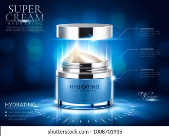 Hydrating cream ads, blue cream jar with open lid and bokeh background in 3d illustration