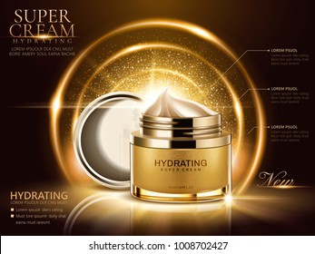 Hydrating cream ads, golden cream jar with open lid and glittering decorative elements in 3d illustration