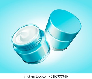 Hydrating cream jar mockup set in 3d illustration on light blue background